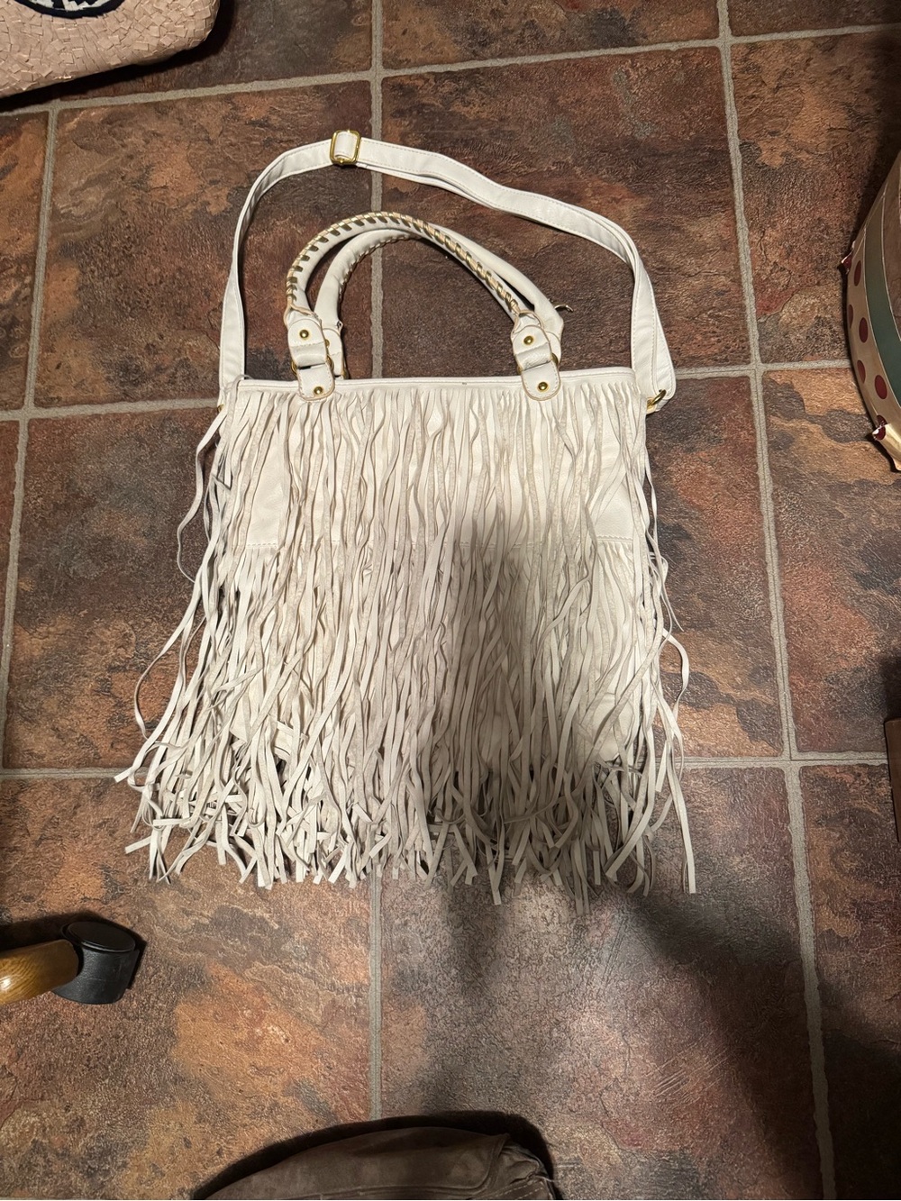 Fringed White Shoulder Bag with Braided Top Handles